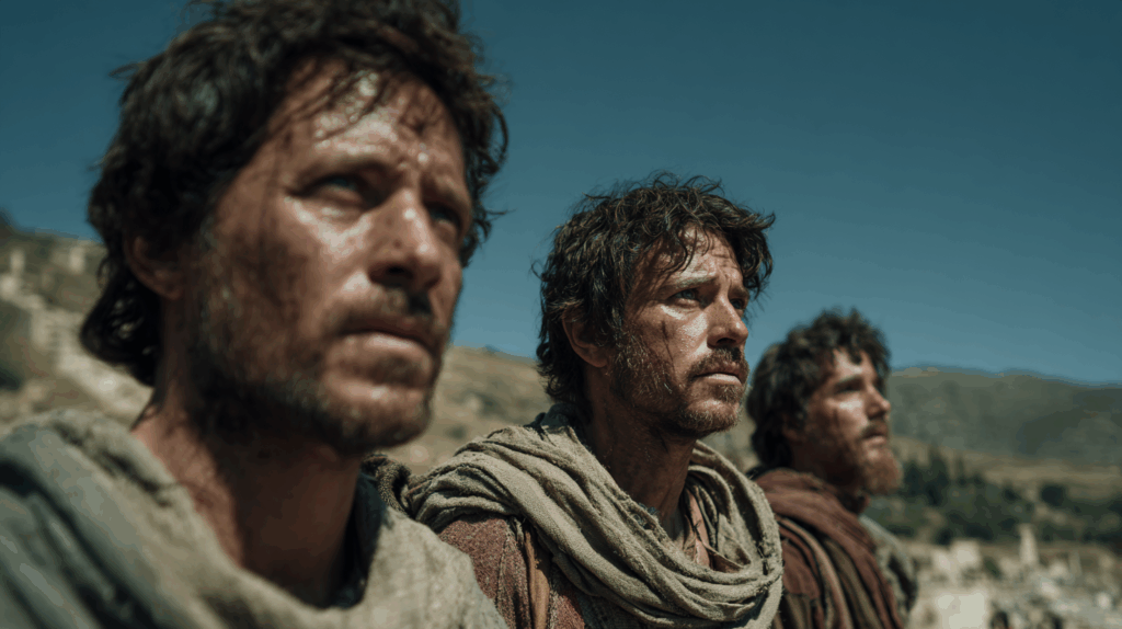 u2917794358_Cinematic_wide_shot_of_three_weary_Christian_mess_4e301332-2e5d-4bd7-91e1-724a97cbd4da_3